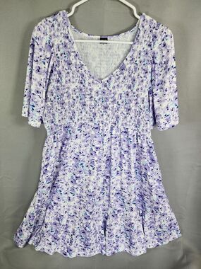 UEAL Smocked V-Neck Lilac Floral Mini Dress